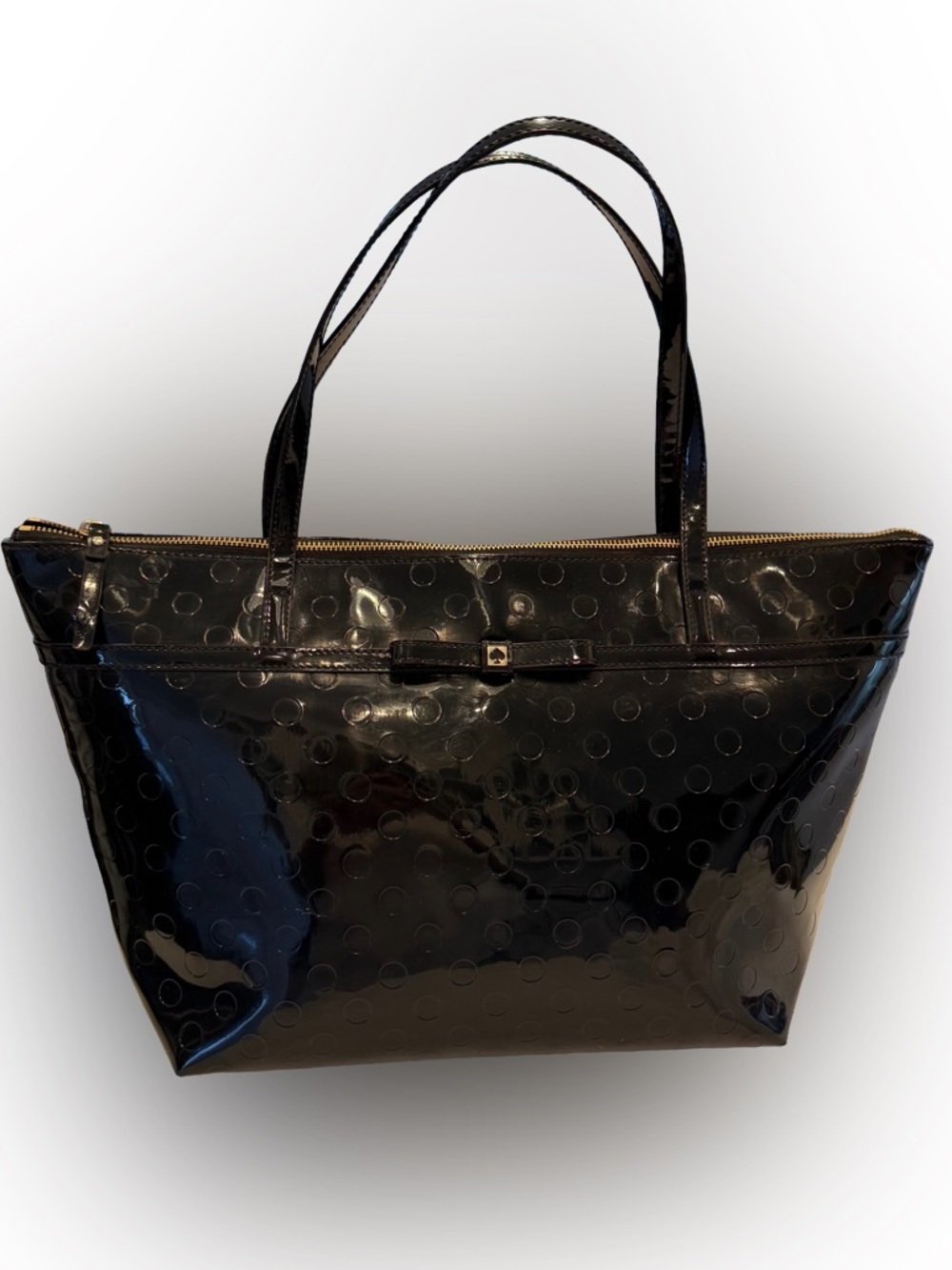 Kate Spade Sophie Camellia Street Tote Bag Black Patent Leather Polka Dots, Bow